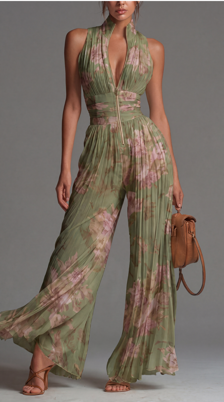 Zsófia Jumpsuit | Pleated Chiffon Jumpsuit in Green