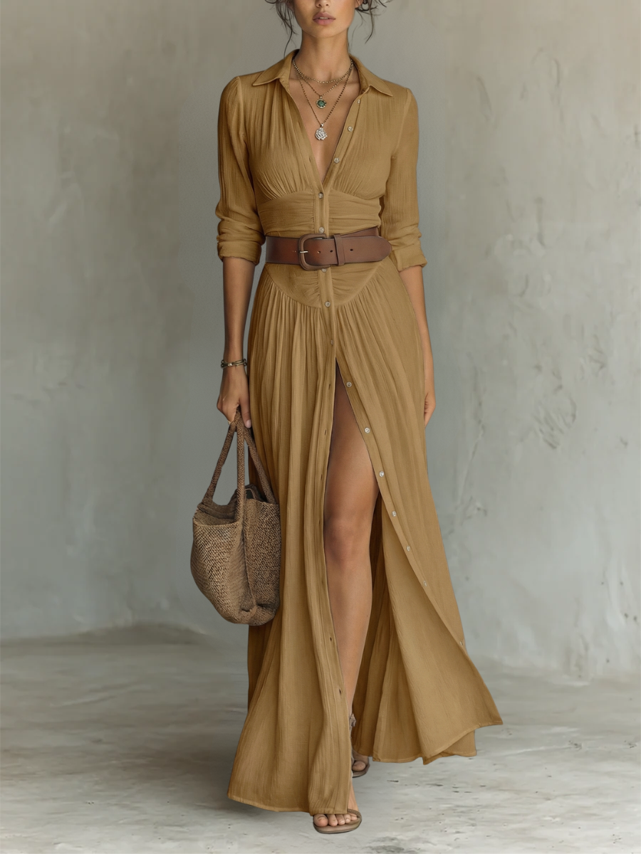 Kiara - Maxi Dress with Long Sleeves and Lapel Collar