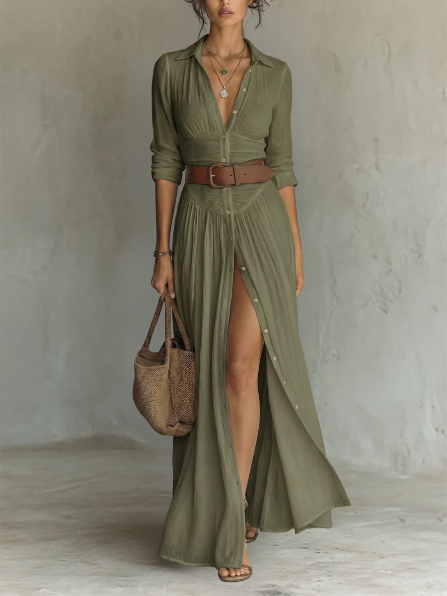 Kiara - Maxi Dress with Long Sleeves and Lapel Collar