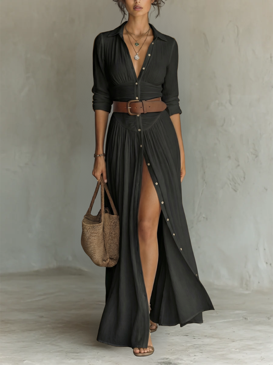 Kiara - Maxi Dress with Long Sleeves and Lapel Collar