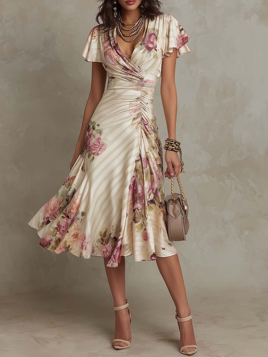 Alba | Elegant Retro Floral Satin Midi Dress
