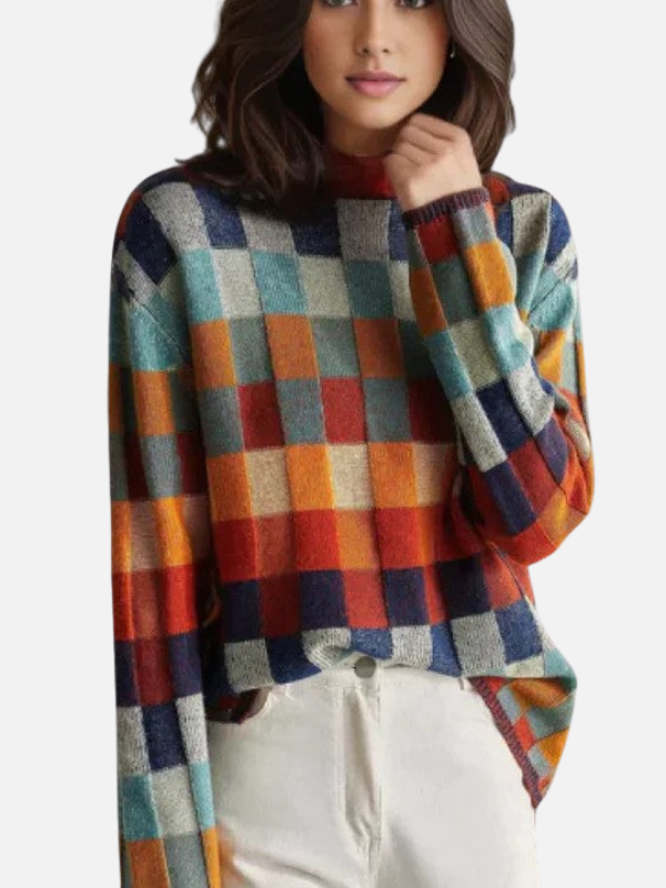 Maria | Colourful Checked Knit Sweater with High Collar