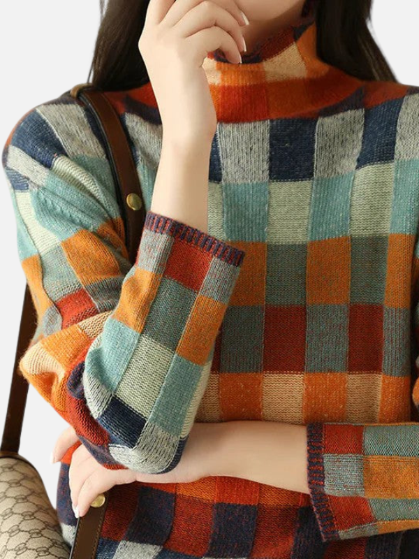 Maria | Colourful Checked Knit Sweater with High Collar