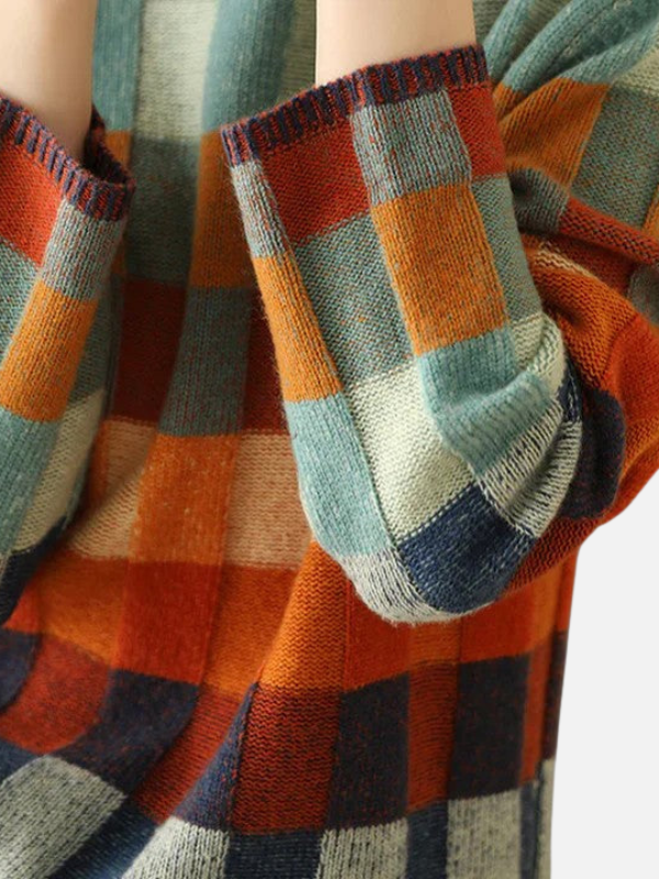 Maria | Colourful Checked Knit Sweater with High Collar