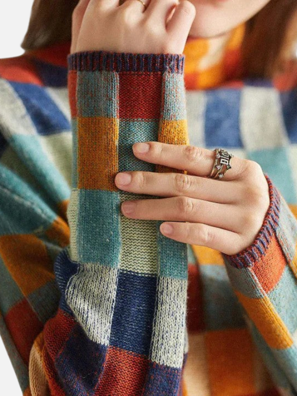 Maria | Colourful Checked Knit Sweater with High Collar