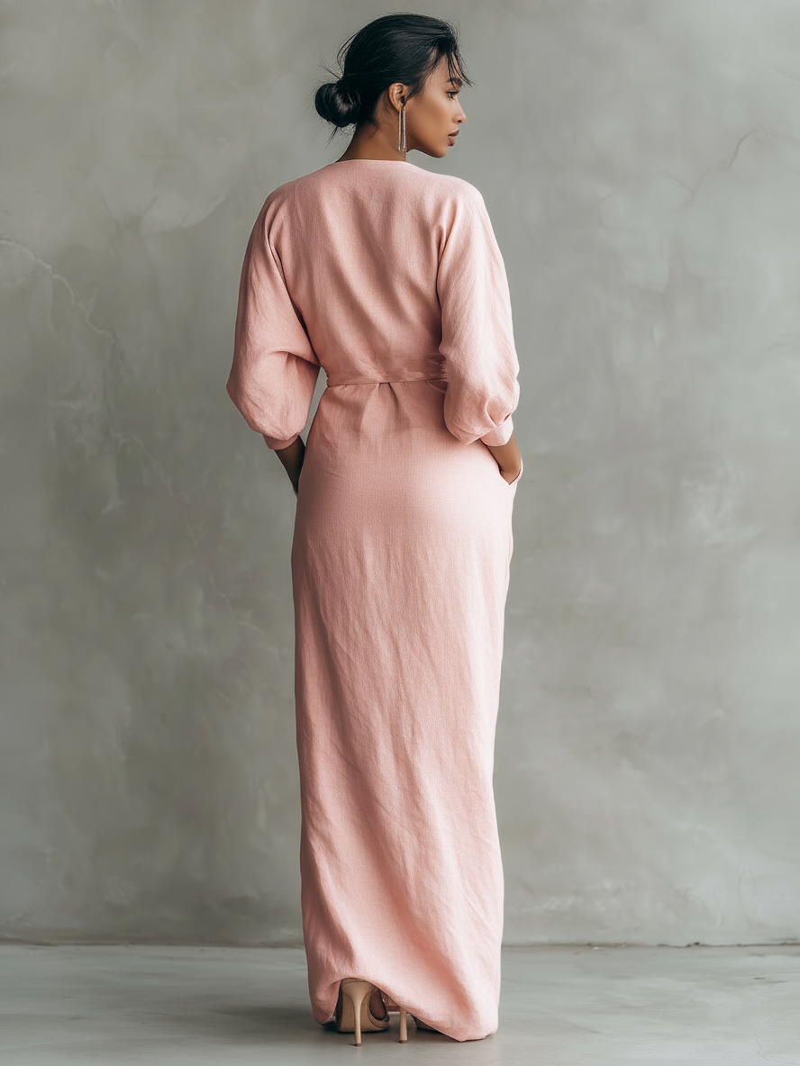 Rose Linen V-Neck Maxi Dress