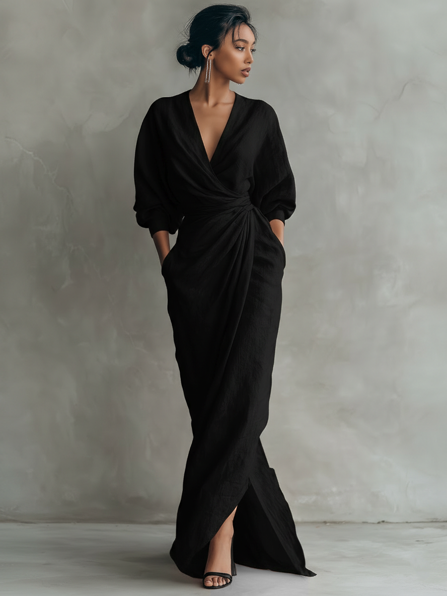 Rose Linen V-Neck Maxi Dress