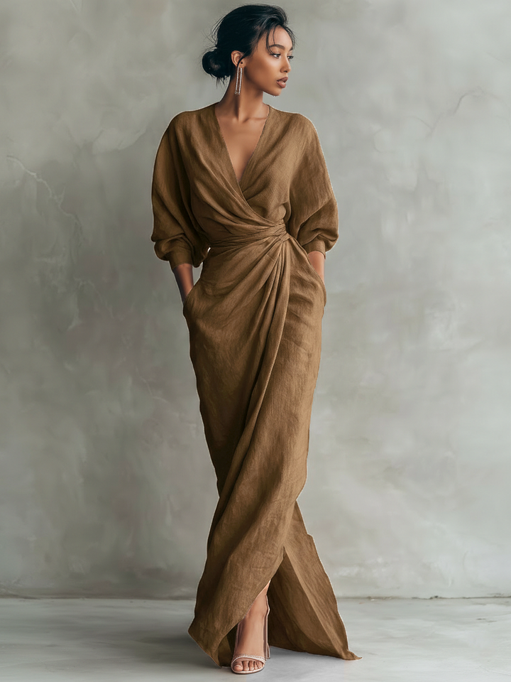 Rose Linen V-Neck Maxi Dress