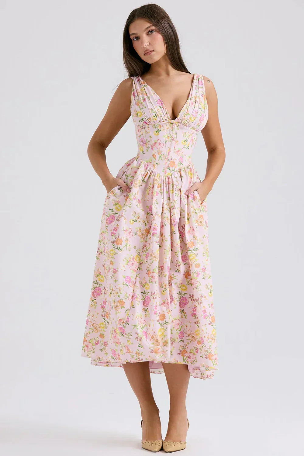 Ariana - V-Neck Corset Flare Midi Dress