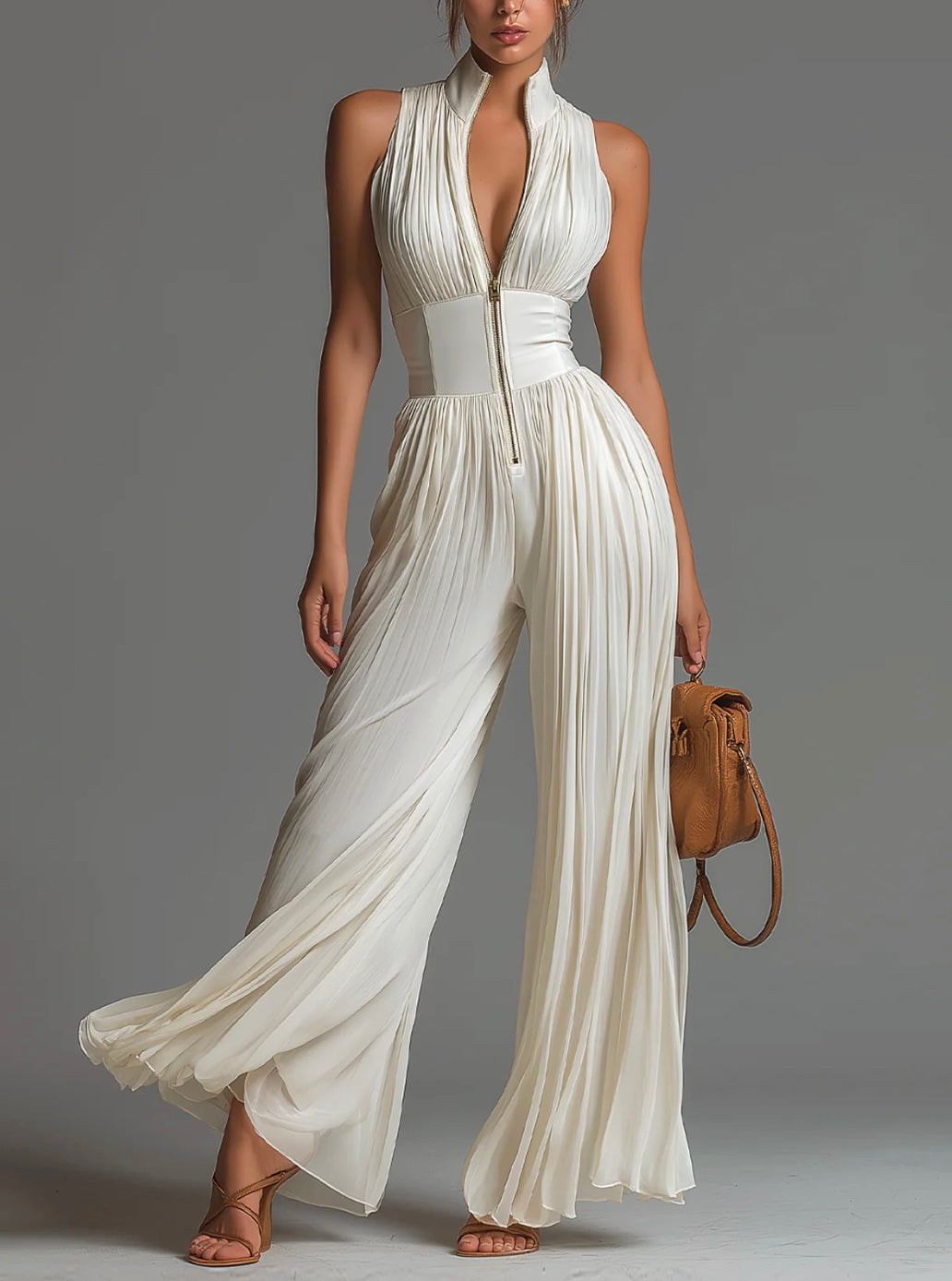 Abigail - V-Neck Sleeveless Zip Pleated Wide Leg Chiffon Jumpsuit