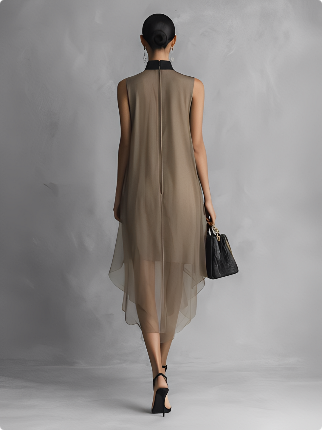 Beatrice - Lightweight Luxury Two-Toned Khaki and Brown Chiffon Sleeveless Dress