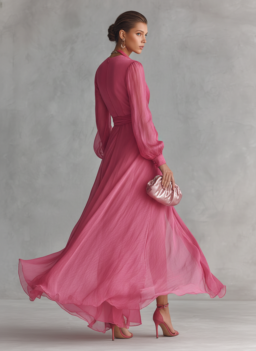 Rose Chiffon Dress with V-Neck