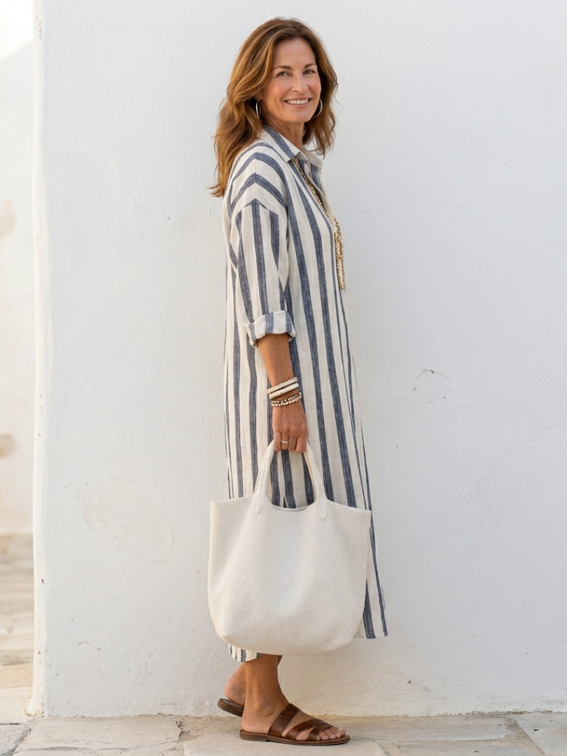 Naomi | Long-Sleeved Striped Midi Shirt Dress