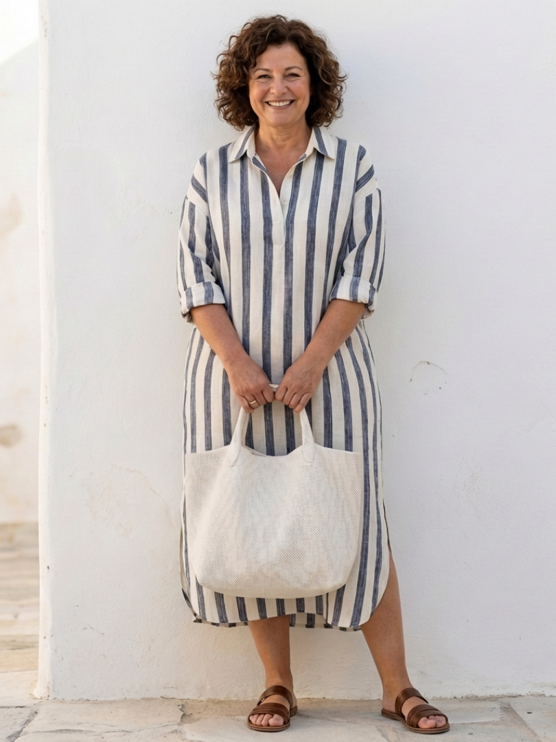 Naomi | Long-Sleeved Striped Midi Shirt Dress