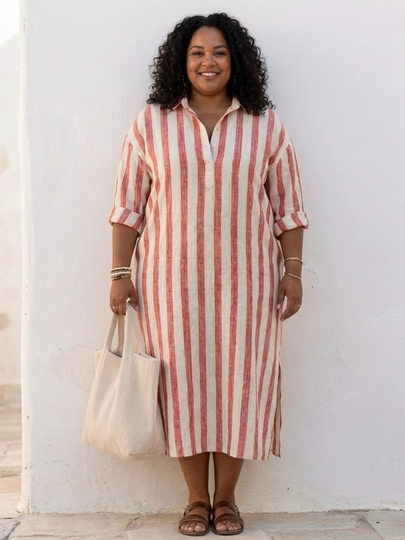 Naomi | Long-Sleeved Striped Midi Shirt Dress