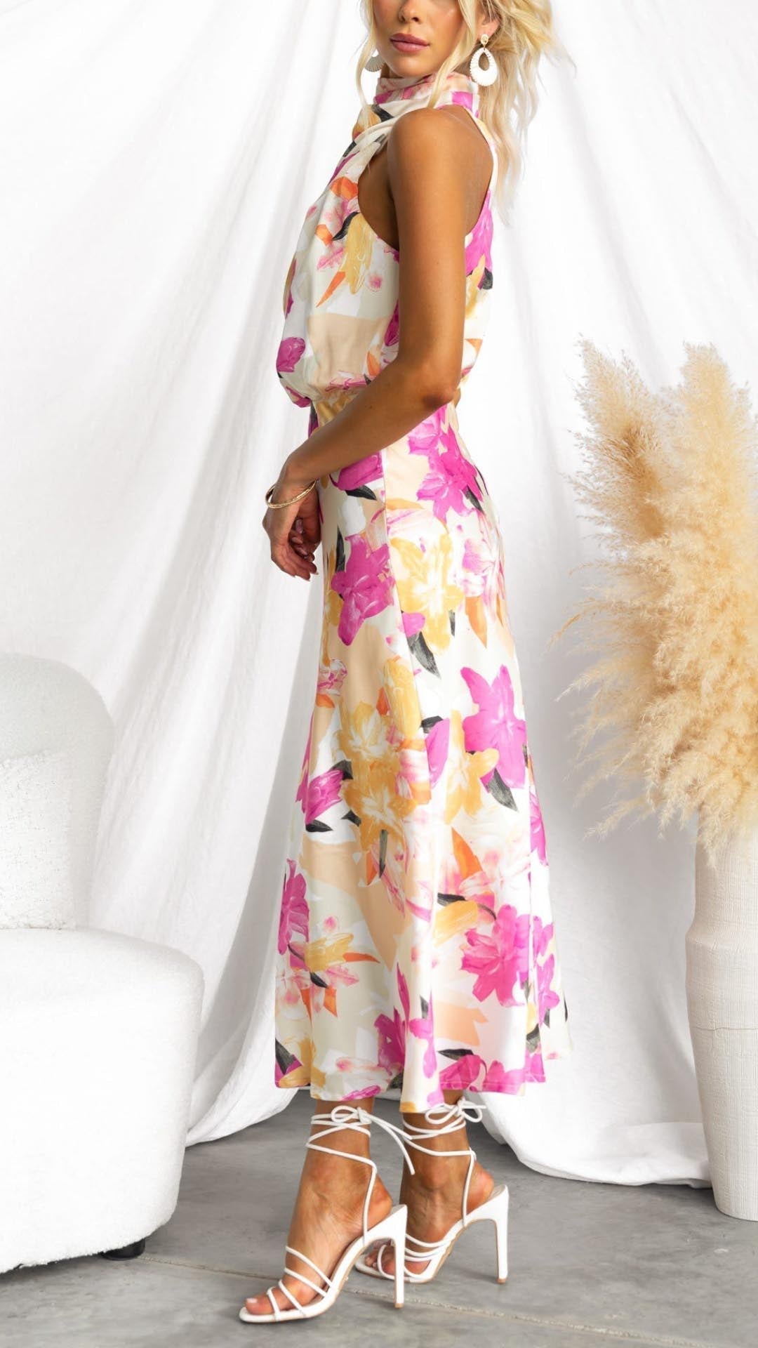 Minirva - Floral Charm High Collar Midi Dress