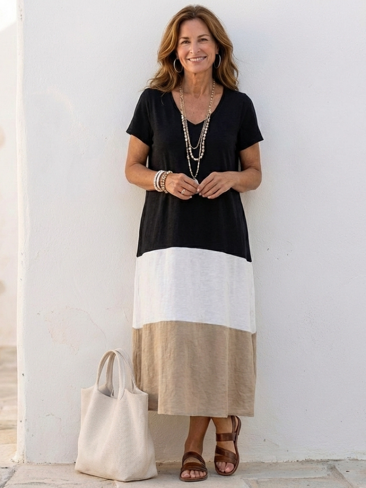 Thalia | Short-Sleeved Colour Block V-Neck Midi Dress