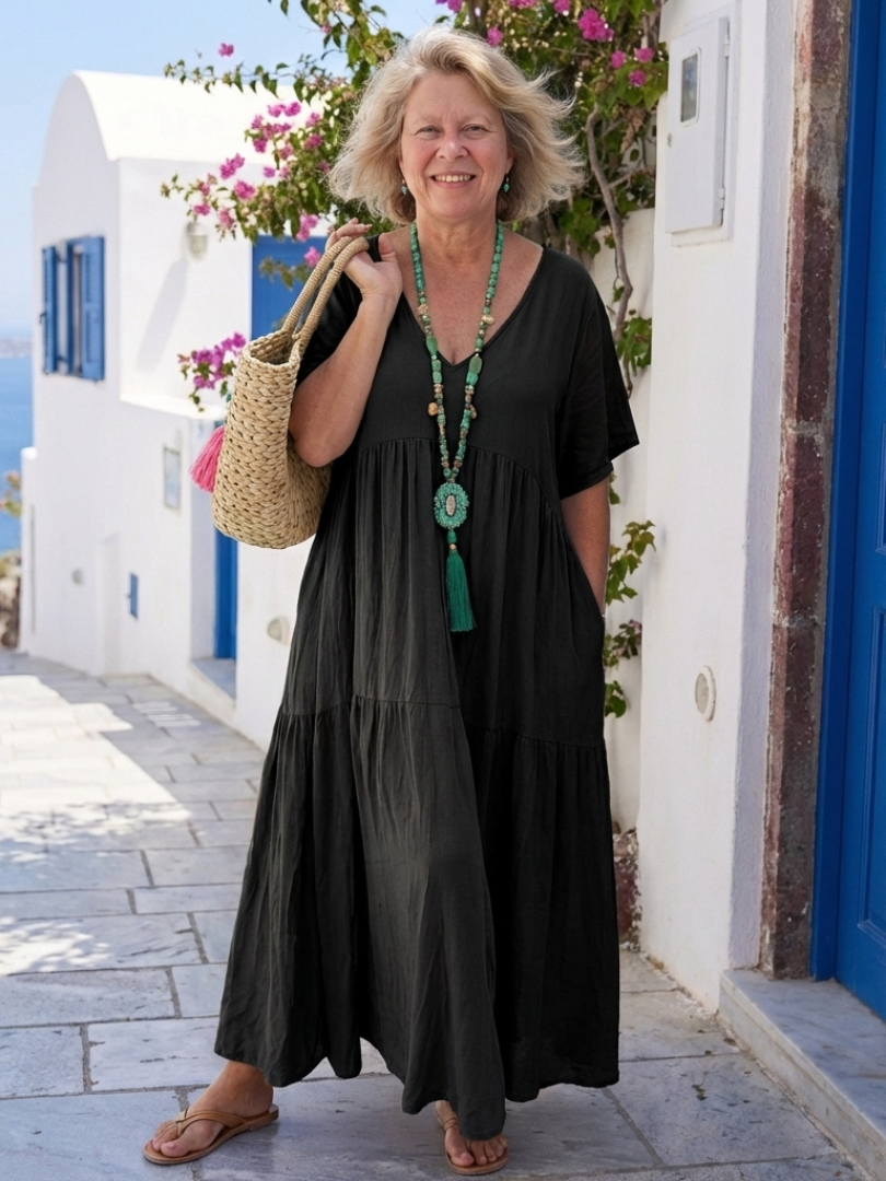 Zinnia | Short-Sleeved, Tiered, Blue Maxi Dress