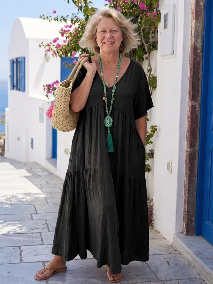 Zinnia | Short-Sleeved, Tiered, Blue Maxi Dress