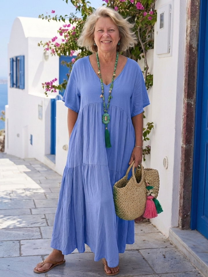 Zinnia | Short-Sleeved, Tiered, Blue Maxi Dress