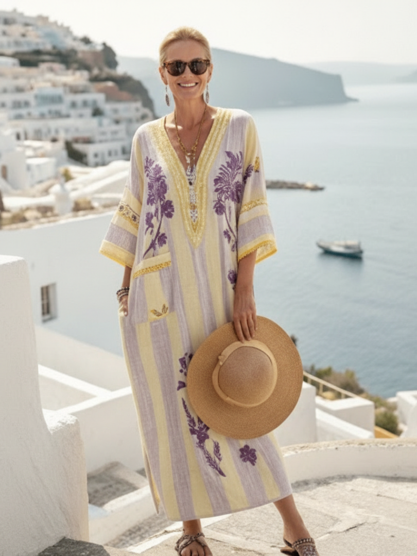 Aurelia | V-Neck Maxi Dress with Half Sleeves and Striped Pattern