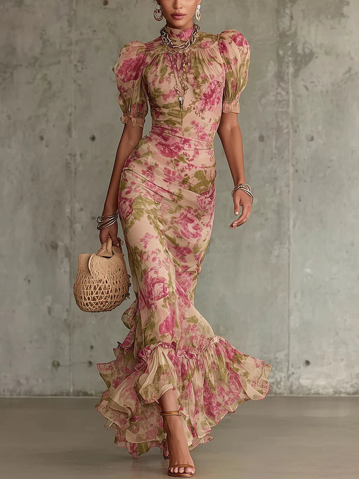 Jill - Vintage Rose Pattern Puff Sleeve Maxi Dress