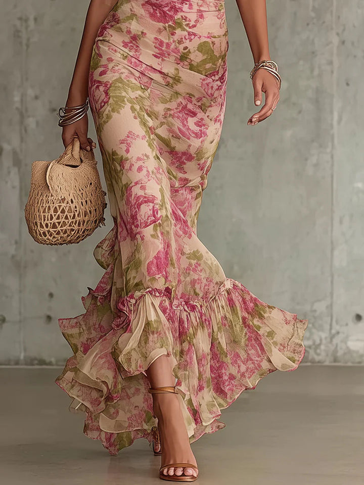 Jill - Vintage Rose Pattern Puff Sleeve Maxi Dress