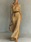 Women's Ruched Maxi Shirt Dress with Belt, Long Sleeve, Button Placket