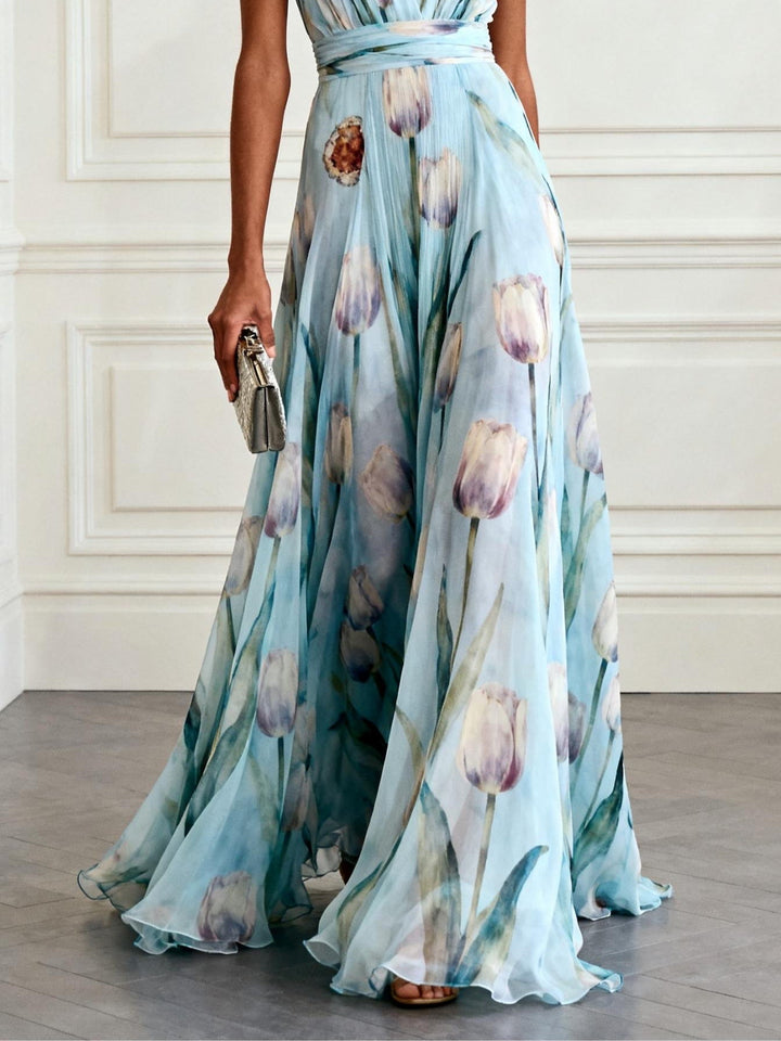 Nerea - Elegant Maxi Dress with Tulip Print and V-Neck