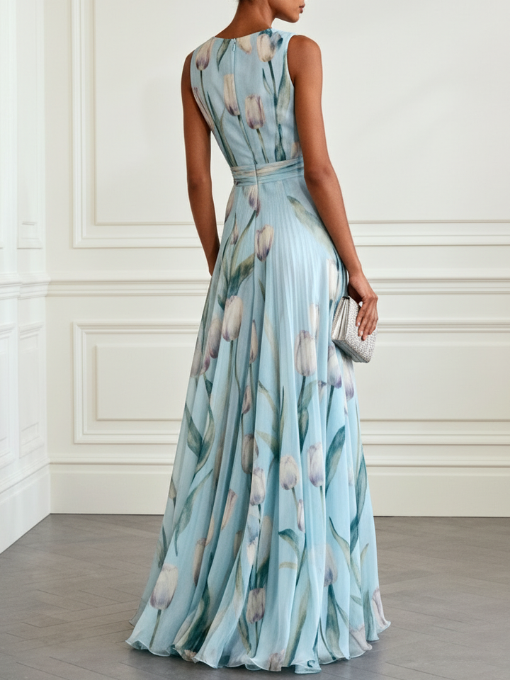 Nerea - Elegant Maxi Dress with Tulip Print and V-Neck