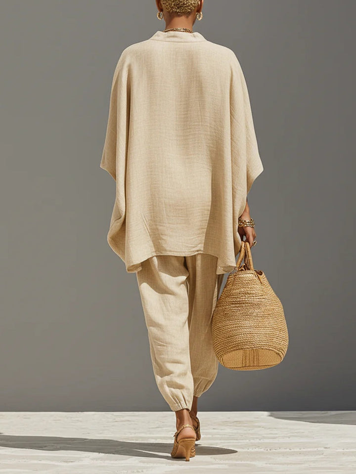 Caroline - Light Khaki Asymmetric Minimalist Top and Jogging Bottoms Set
