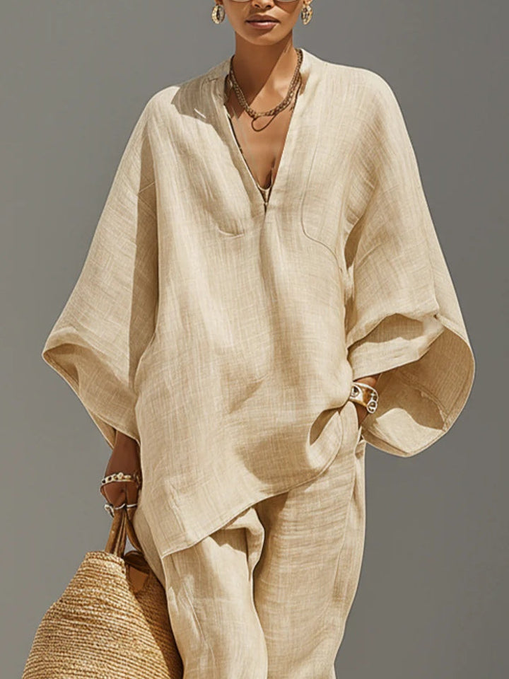 Caroline - Light Khaki Asymmetric Minimalist Top and Jogging Bottoms Set