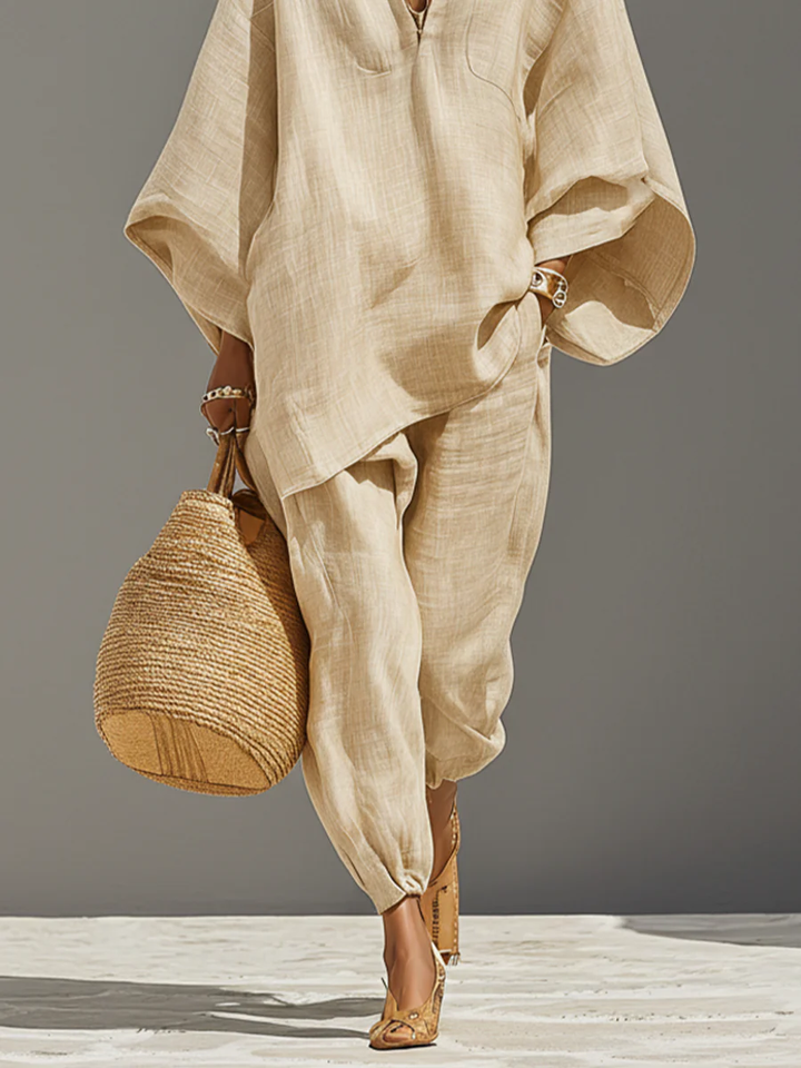 Caroline - Light Khaki Asymmetric Minimalist Top and Jogging Bottoms Set