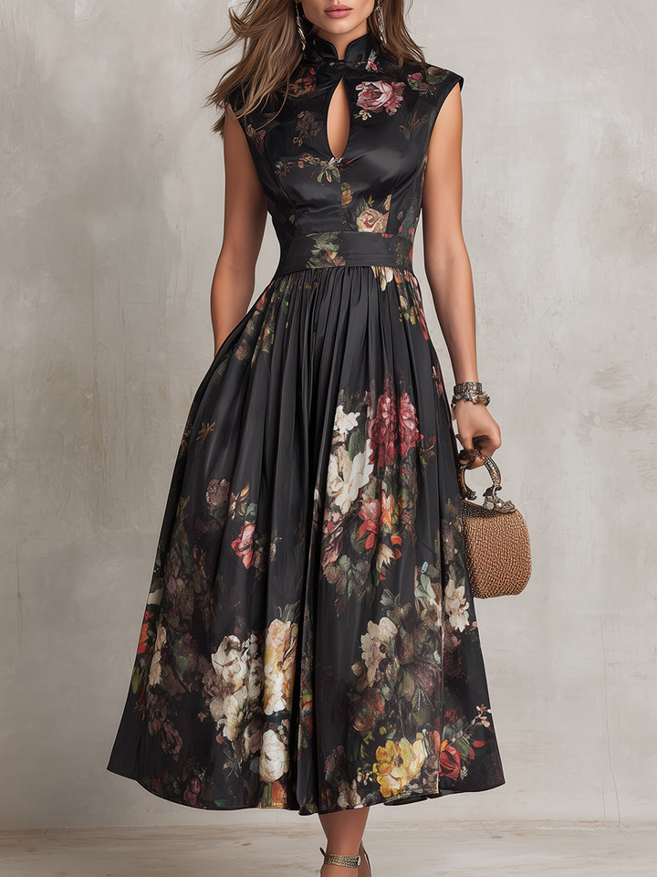 Rosie - Black Keyhole Neckline Collar Floral Pleated Satin Midi Dress