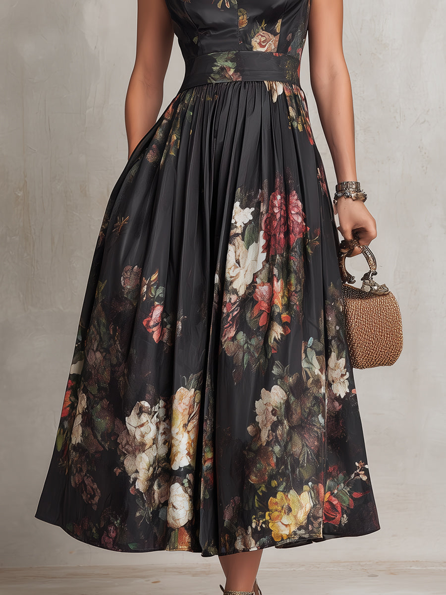 Rosie - Black Keyhole Neckline Collar Floral Pleated Satin Midi Dress
