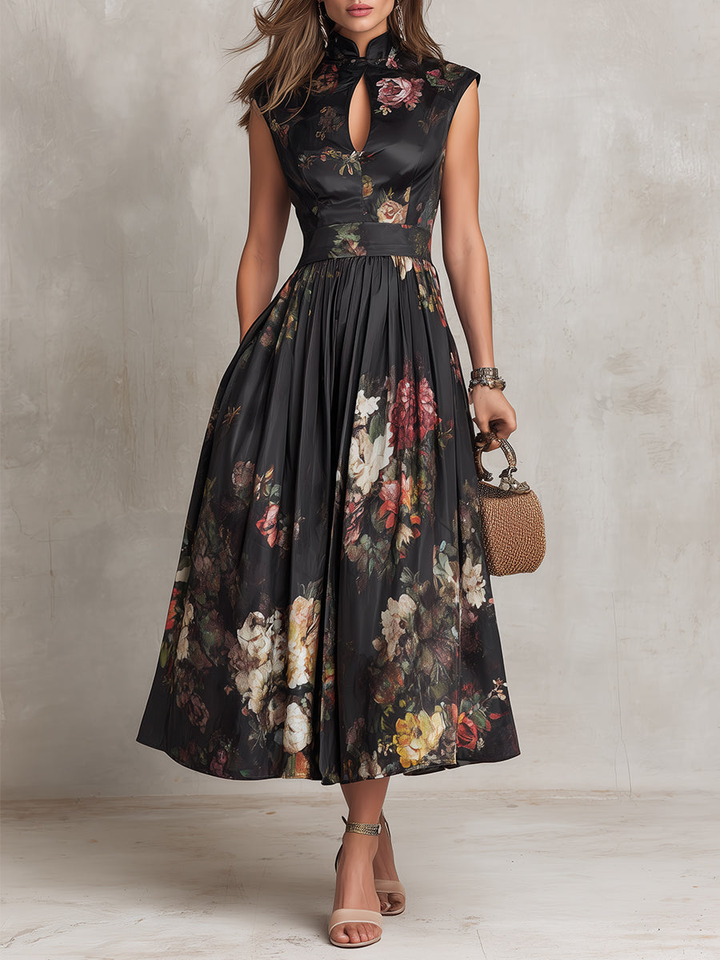 Rosie - Black Keyhole Neckline Collar Floral Pleated Satin Midi Dress