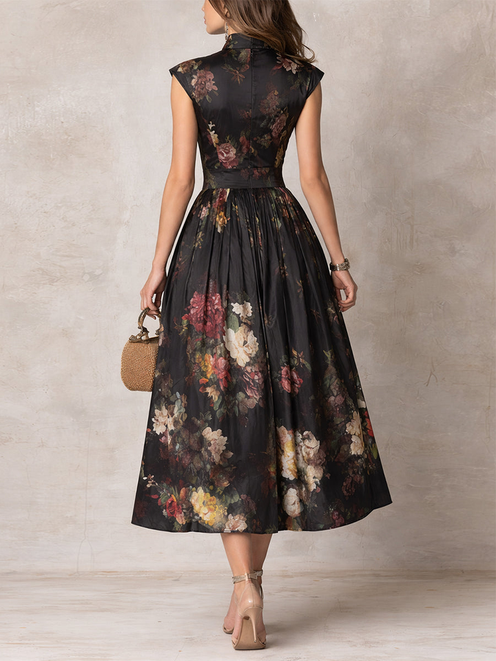 Rosie - Black Keyhole Neckline Collar Floral Pleated Satin Midi Dress