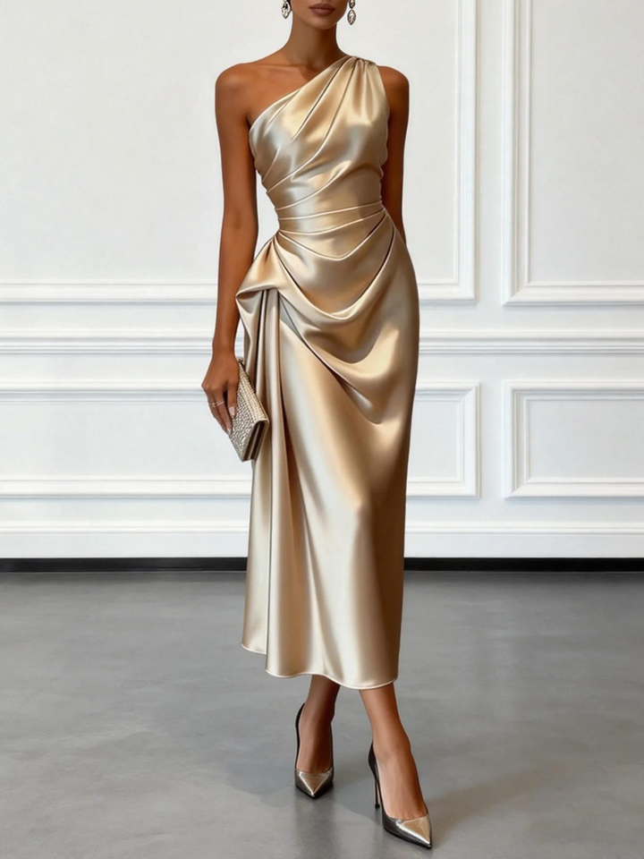 Caille - Champagne Satin One-Shoulder Sleeveless Ruffled Midi Dress