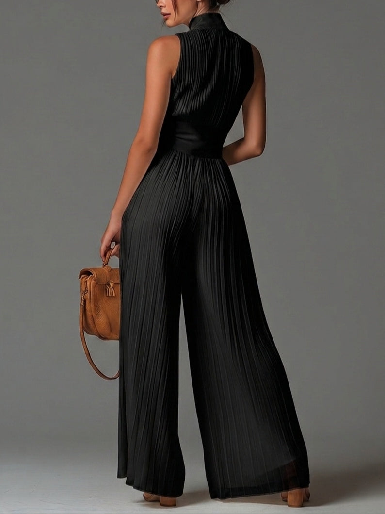 Abigail - V-Neck Sleeveless Zip Pleated Wide Leg Chiffon Jumpsuit