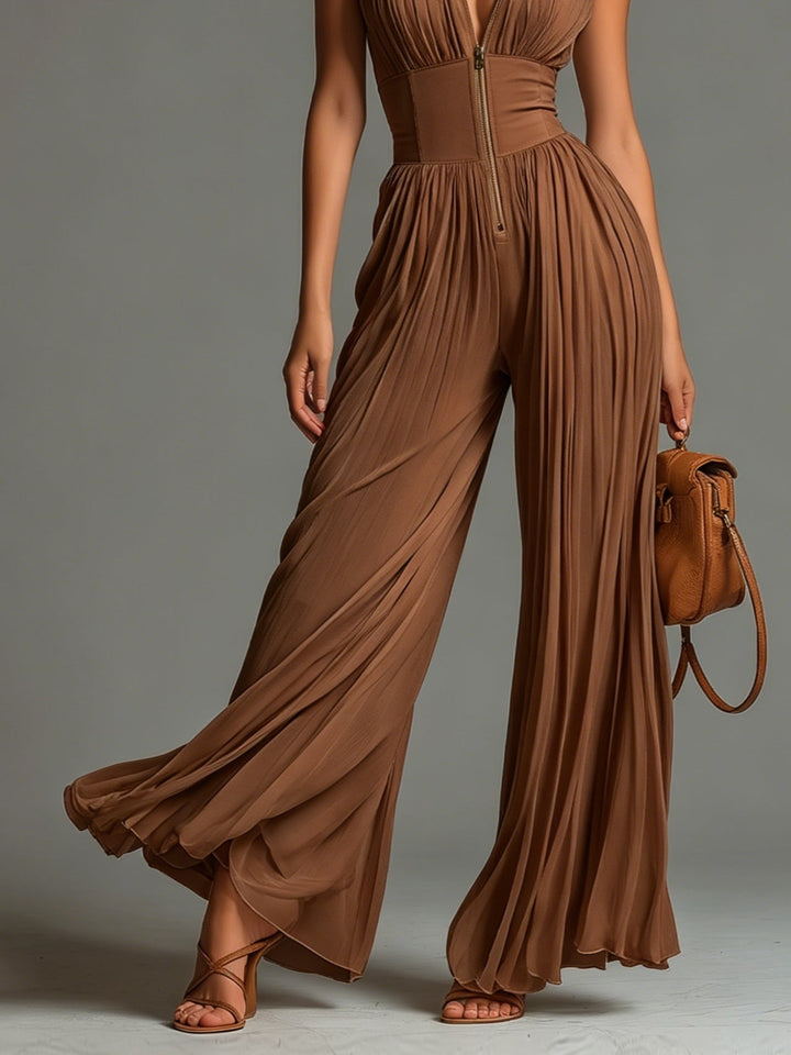Zsófia Jumpsuit | Jumpsuit made of pleated chiffon in caramel colour