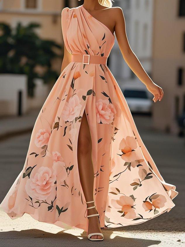 Sella - Ruffled One-Shoulder A-Line Maxi Chiffon Dress