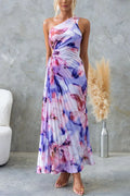 Deja - Floral Print One Shoulder Pleated Maxi Dress