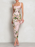 Amber - Pink Floral Satin Midi Dress with Square Neckline