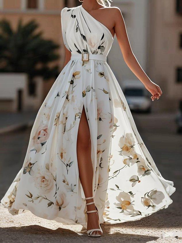 Sella - Ruffled One-Shoulder A-Line Maxi Chiffon Dress