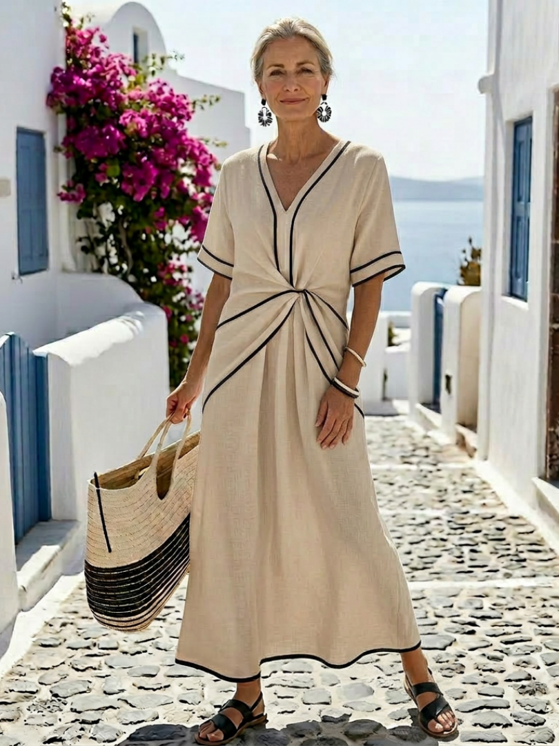Linnea | V-Neck Midi Dress with Short Sleeves and Gathered Waist