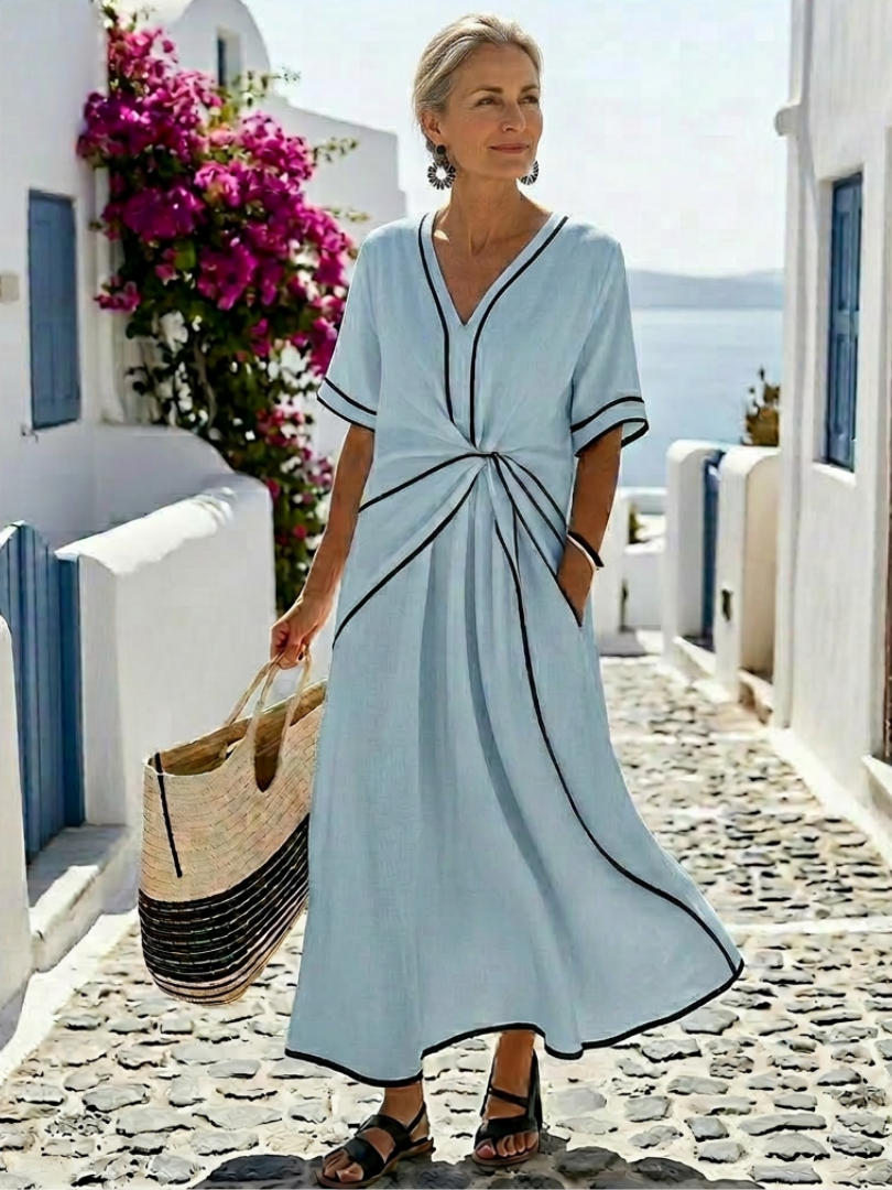Linnea | V-Neck Midi Dress with Short Sleeves and Gathered Waist