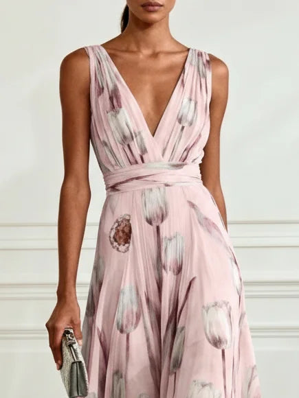 Nerea - Elegant Maxi Dress with Tulip Print and V-Neck
