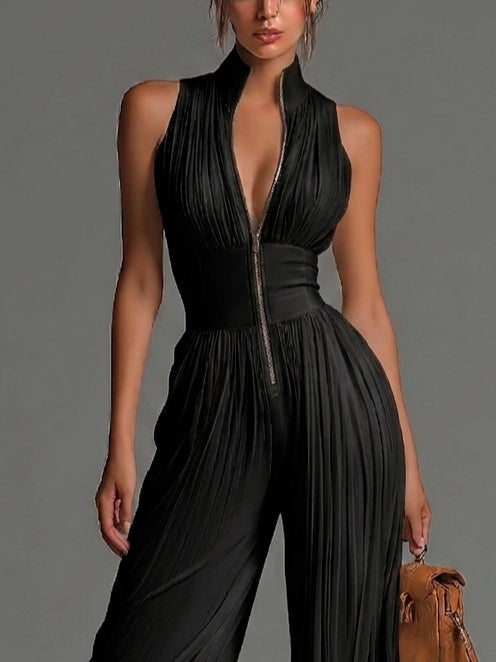 Abigail - V-Neck Sleeveless Zip Pleated Wide Leg Chiffon Jumpsuit