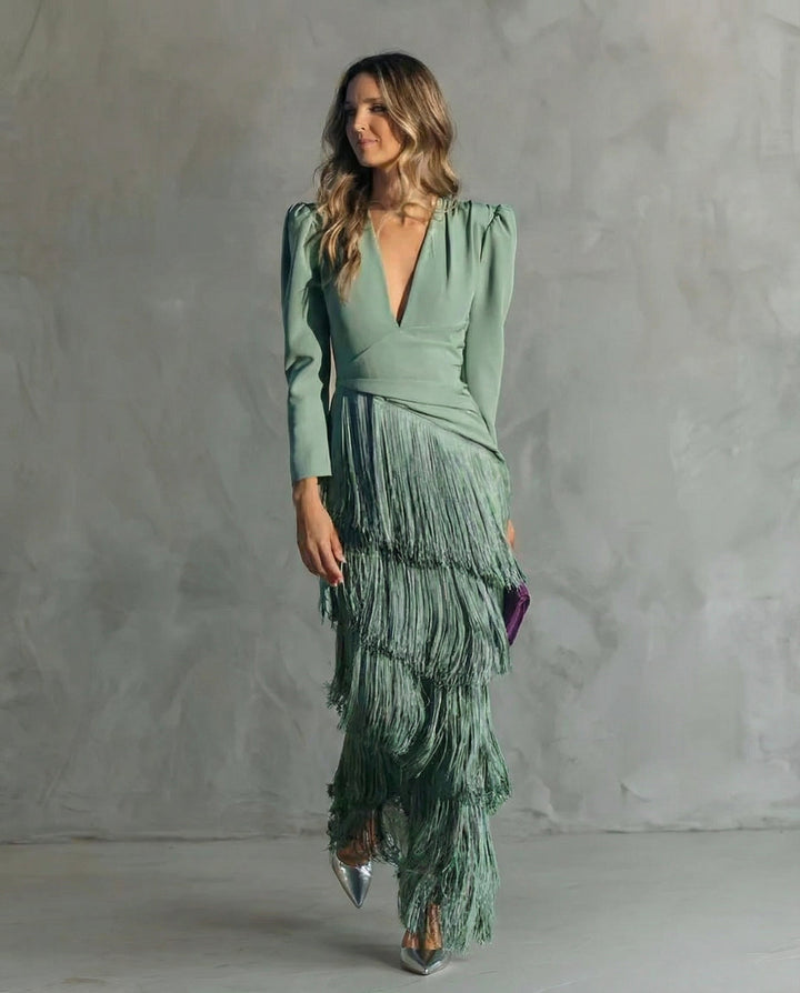 Clara | Elegant Dress with Fringed Sleeves