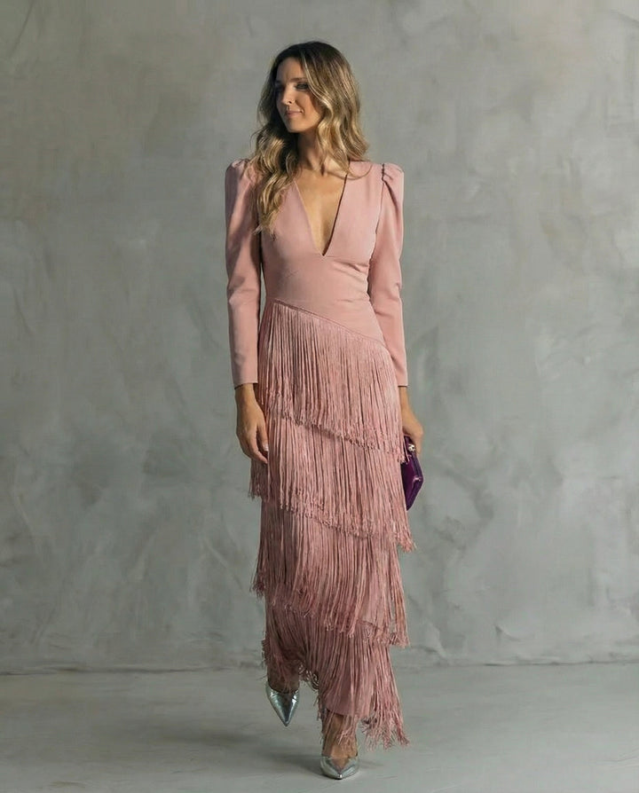 Clara | Elegant Dress with Fringed Sleeves